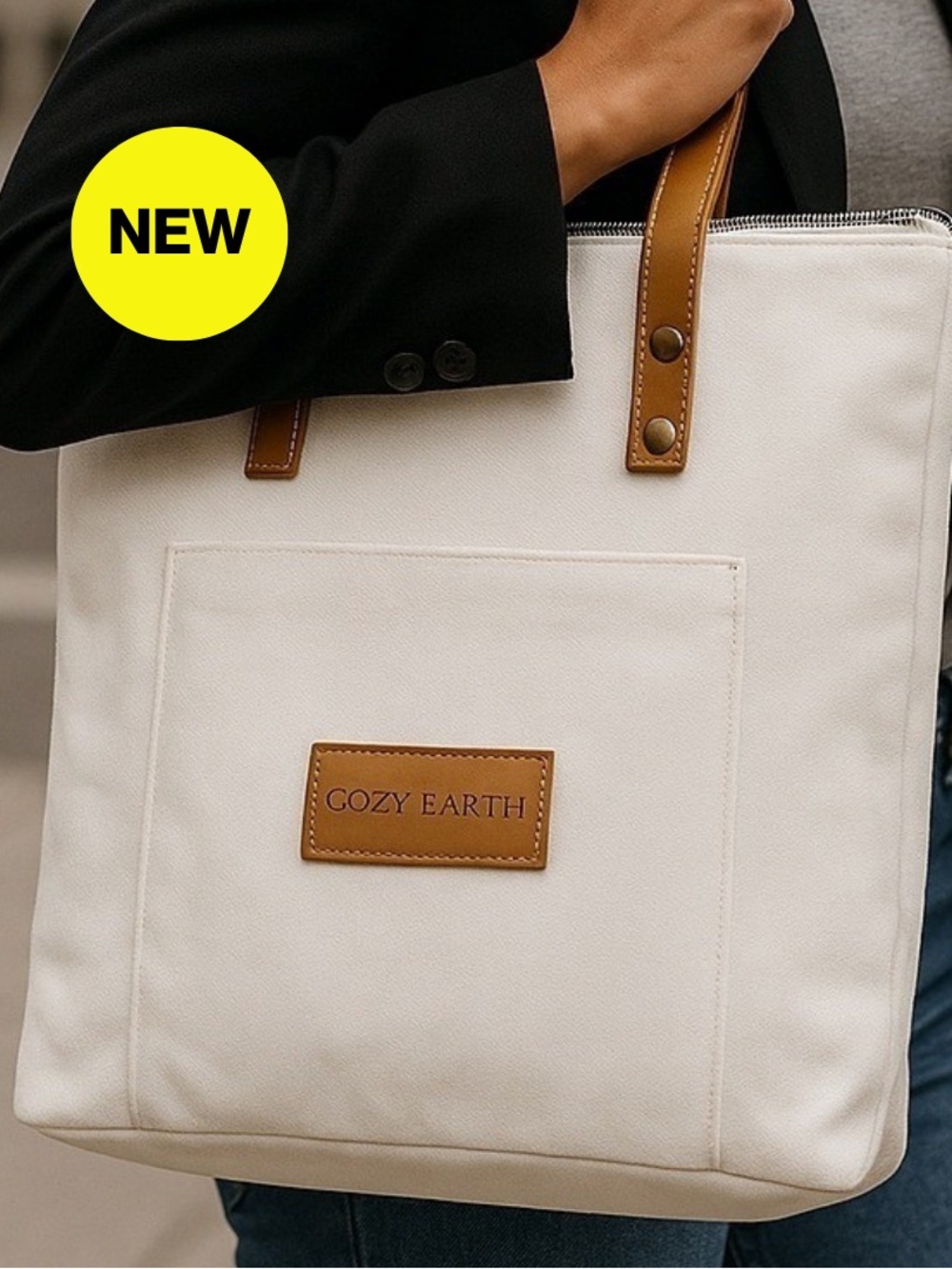 COZY EARTH 🤍NEW White Canvas Shoulder Tote Bag, Tan Handles, Canvas (11 x 11")